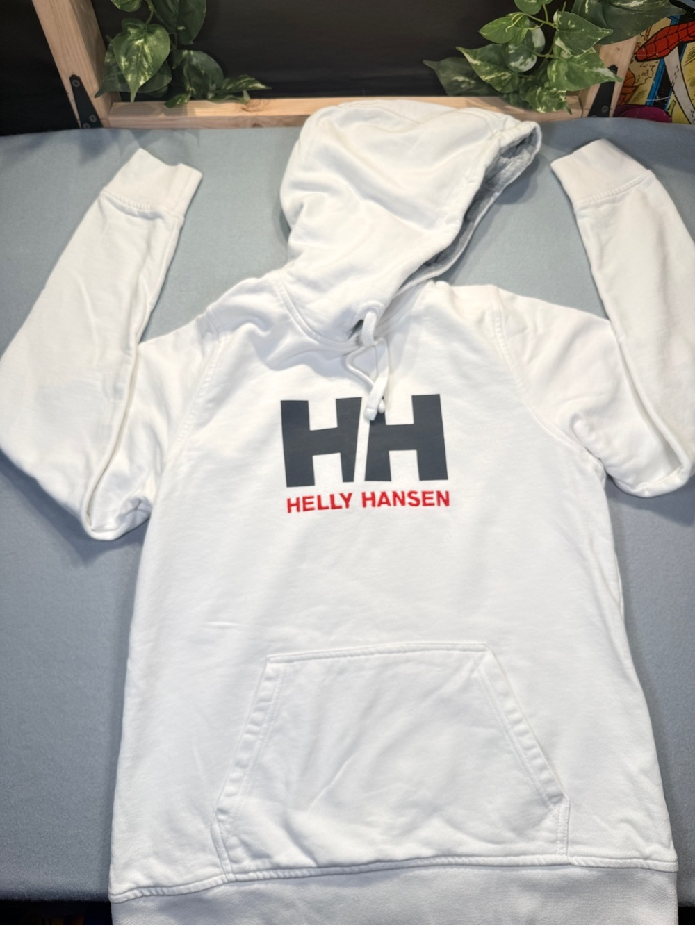 Helly Hansen White Hoodie with Black HH Logo and Red Wordmark